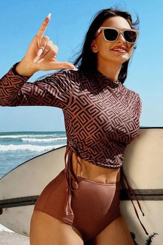 Geometric Printed Ruched Two Pieces Swimsuit for Women - Love Salve